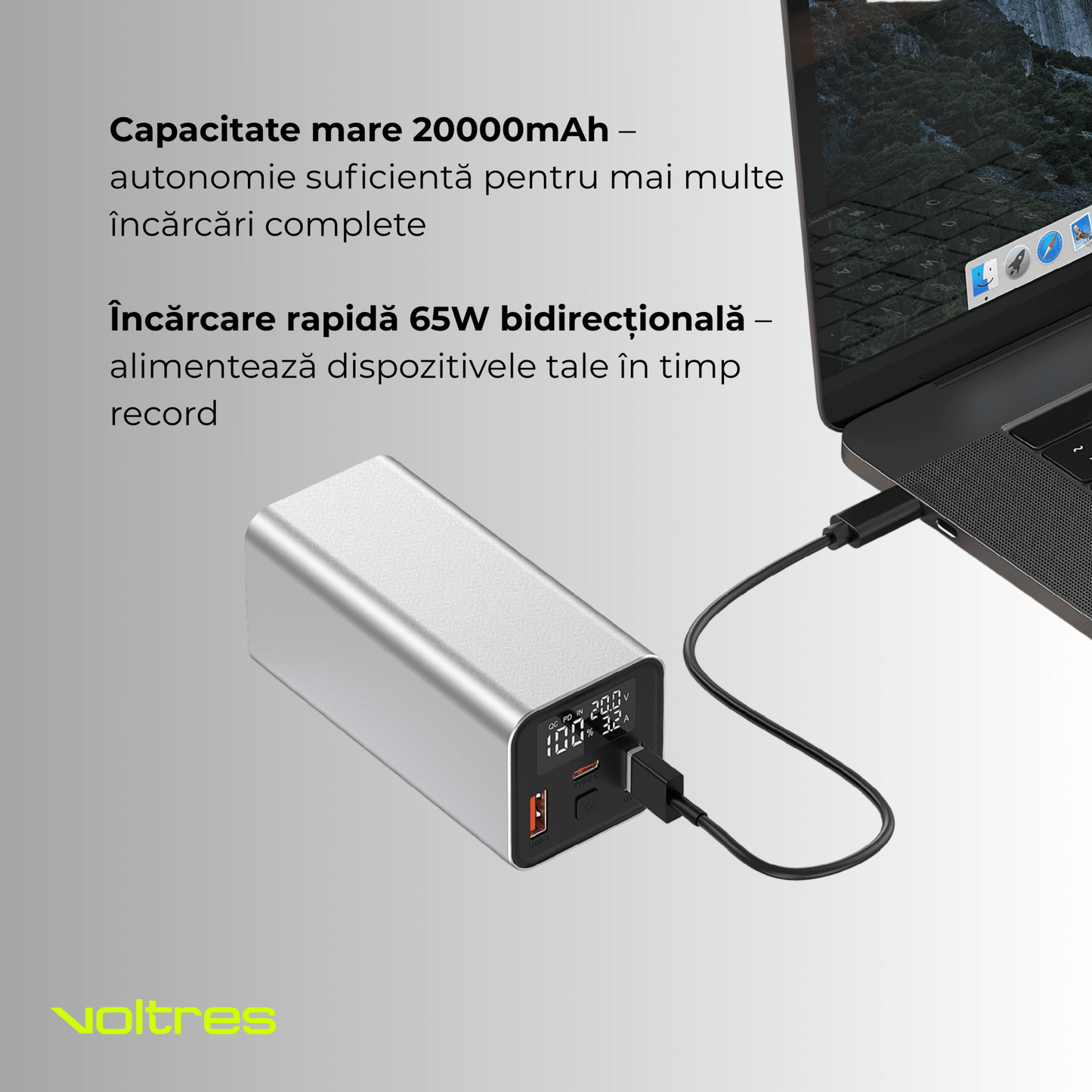 Baterie externă 20000mAh 65W, 1x USB - C & 2x USB - A, Negru - Voltres