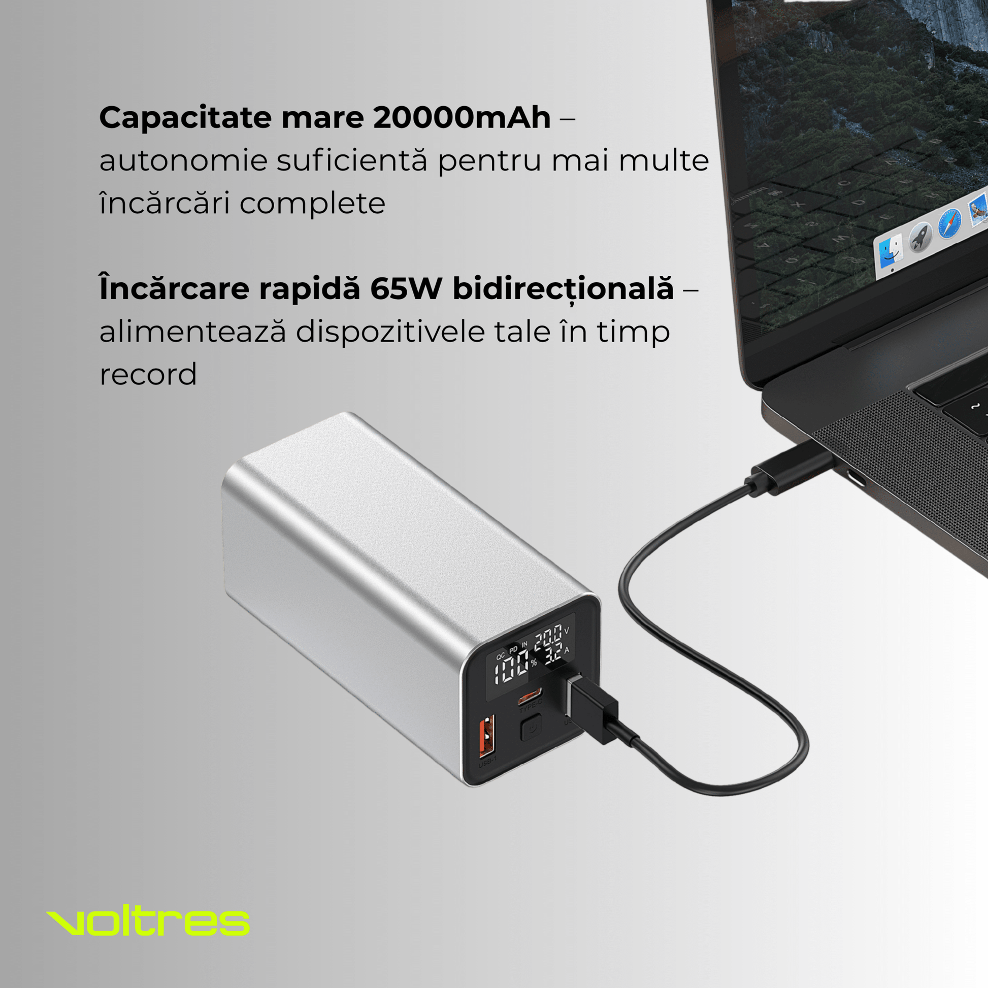 Baterie externă 20000mAh 65W, 1x USB - C & 2x USB - A, Negru - Voltres
