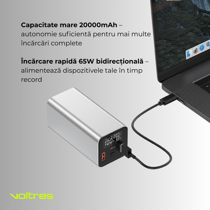 Baterie externă 20000mAh 65W, 1x USB - C & 2x USB - A, Negru - Voltres