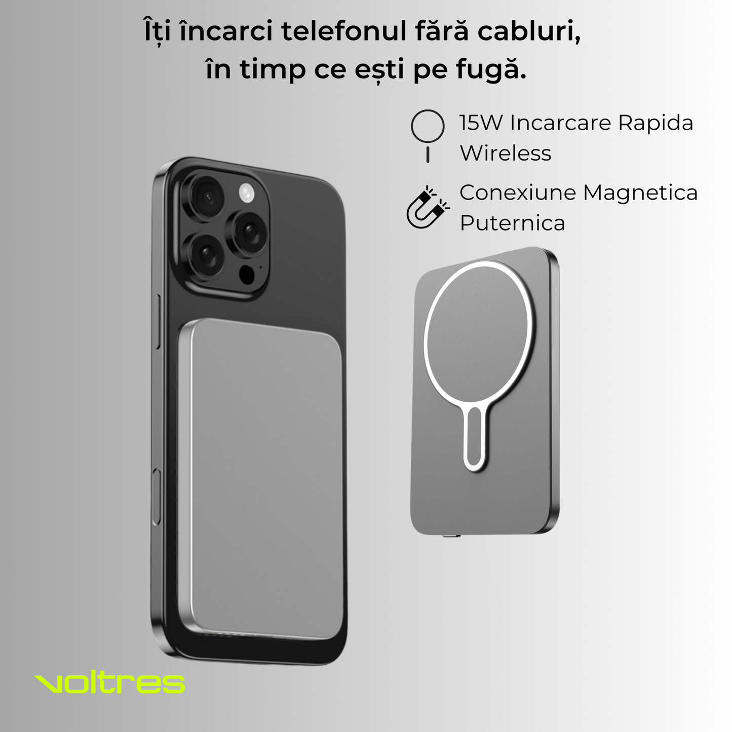 Baterie externă 5000mAh Super Slim, MagSafe 15W, Aluminiu, Light Gray - Voltres