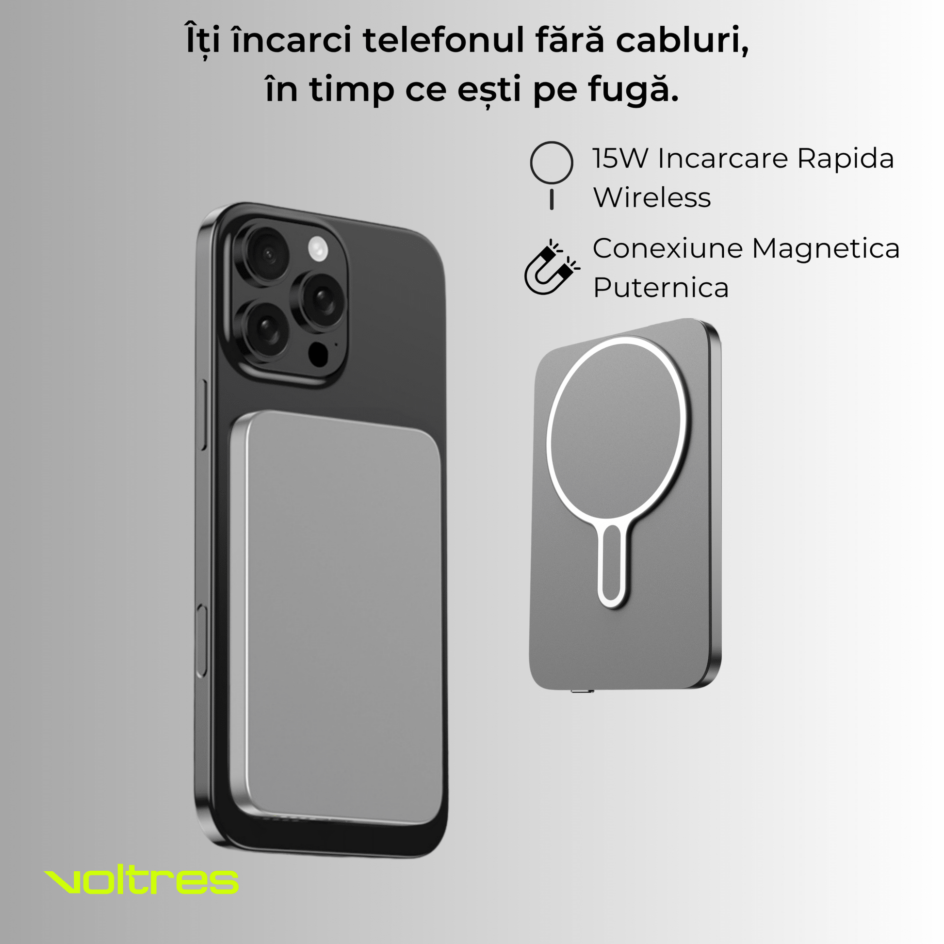 Baterie externă 5000mAh Super Slim, MagSafe 15W, Aluminiu, Light Gray - Voltres