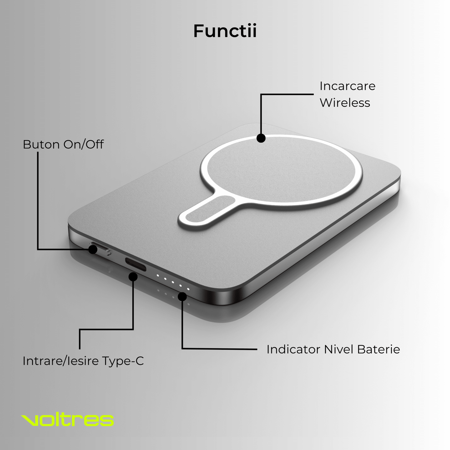 Baterie externă 5000mAh Super Slim, MagSafe 15W, Aluminiu, Light Gray - Voltres