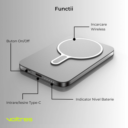 Baterie externă 5000mAh Super Slim, MagSafe 15W, Aluminiu, Light Gray - Voltres