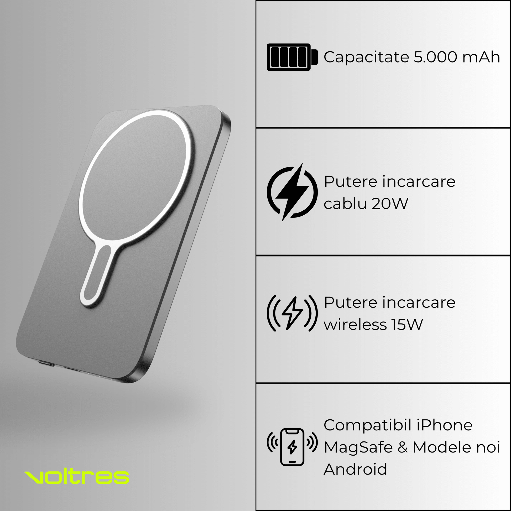 Baterie externă 5000mAh Super Slim, MagSafe 15W, Aluminiu, Light Gray - Voltres