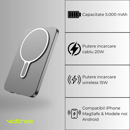 Baterie externă 5000mAh Super Slim, MagSafe 15W, Aluminiu, Light Gray - Voltres