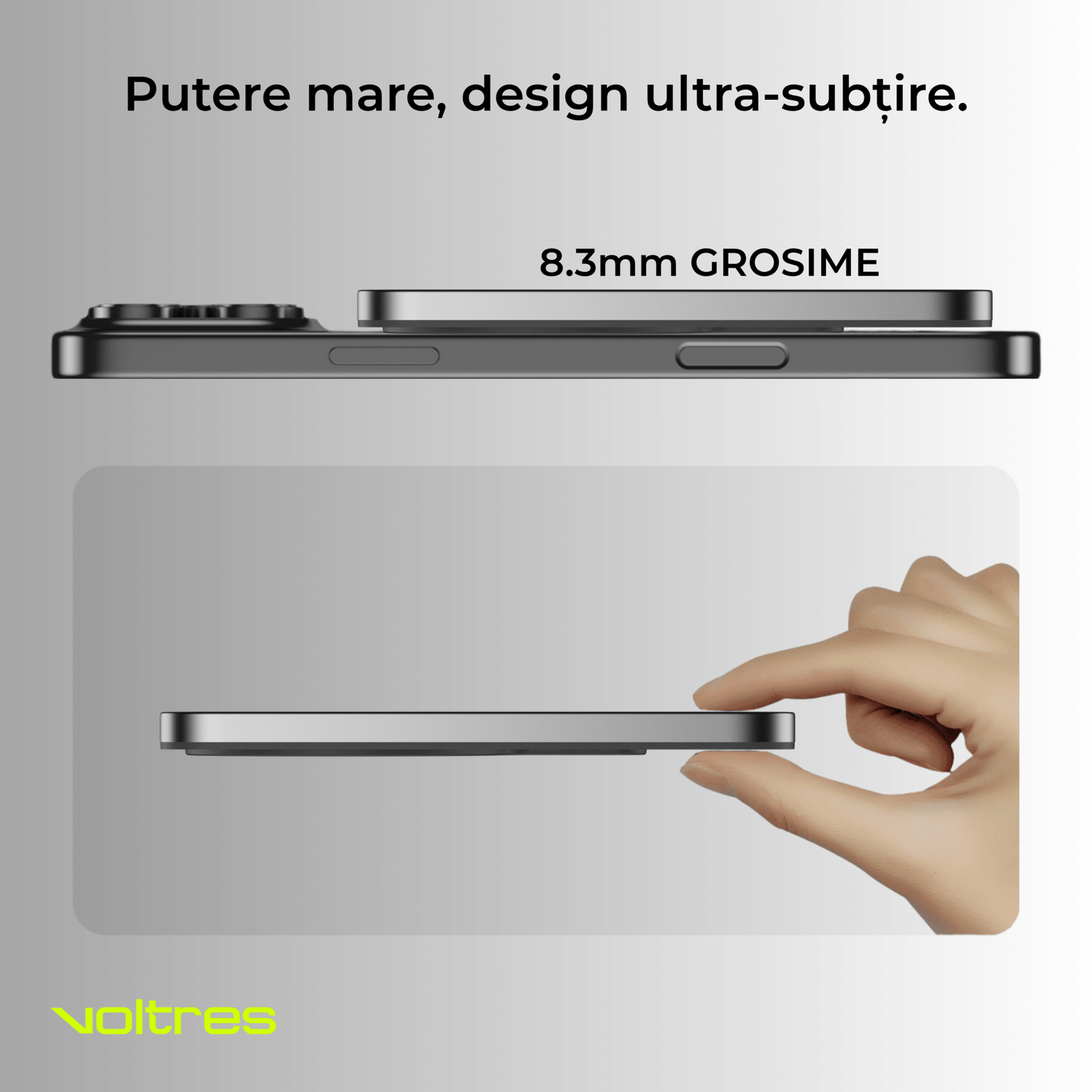 Baterie externă 5000mAh Super Slim, MagSafe 15W, Aluminiu, Light Gray - Voltres