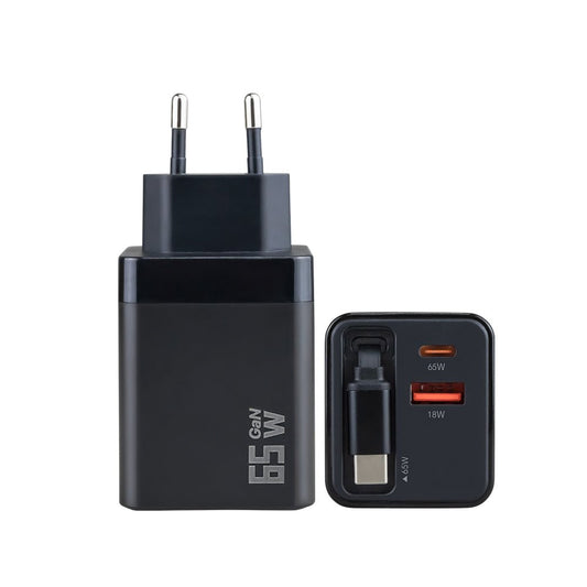 Incarcator Rapid 65W cu cablu USB - C retractabil + Porturi USB - C & USB - A - Voltres